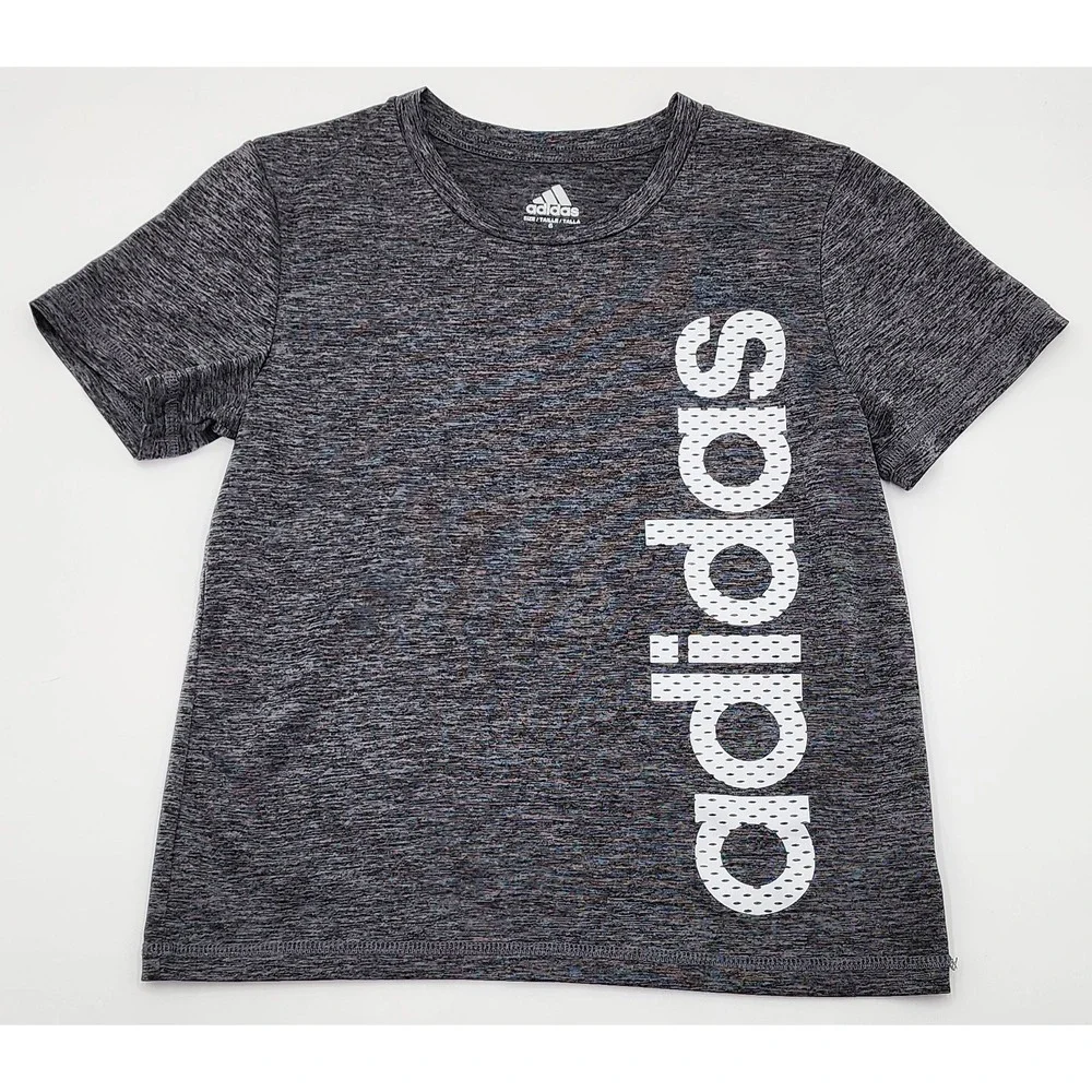 Adidas T-Shirt Boys Size 6 Grey Space Dye Short Sleeve Athletic Excellent Logo
